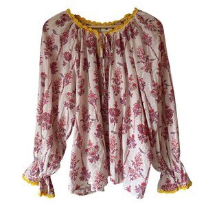 Kult Top Sz XL Peasant Cottage Coastal Boho Embroidery Neckline Tie Lightweight
